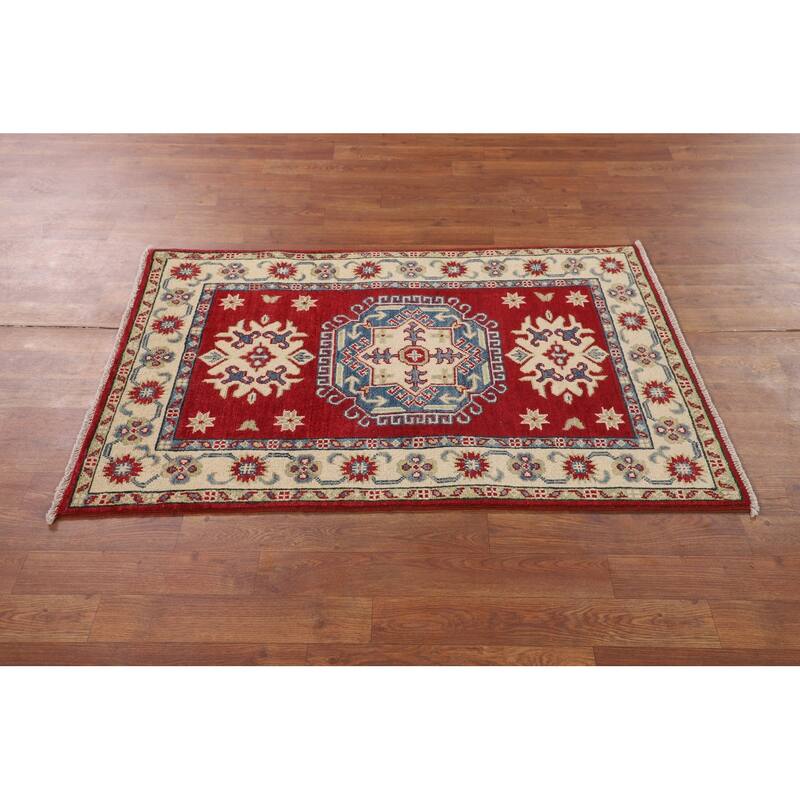 Geometric Red Kazak Rug Handmade Wool Carpet - 2'8" x 4'1"