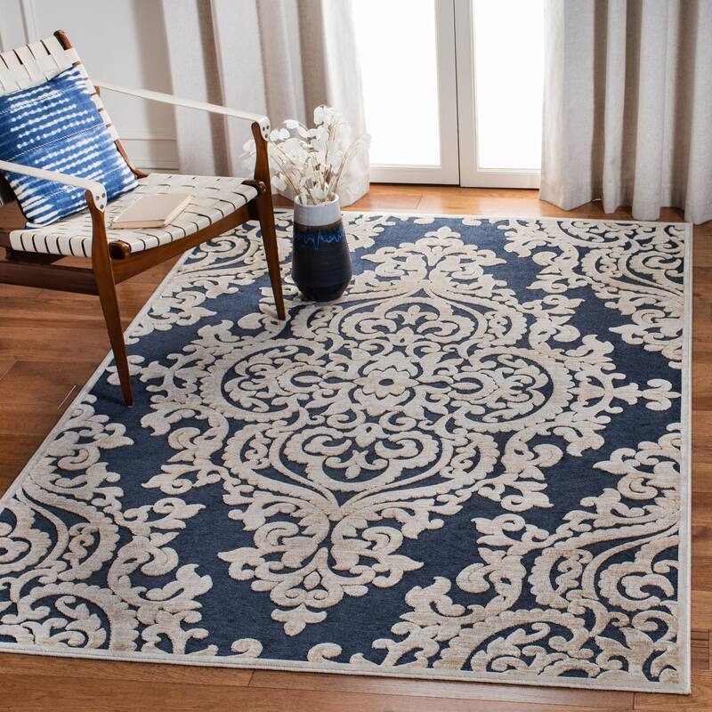 SAFAVIEH Paradise Eilika Watercolor Modern Viscose Rug - 5'3" x 7'6" - Stone/Navy