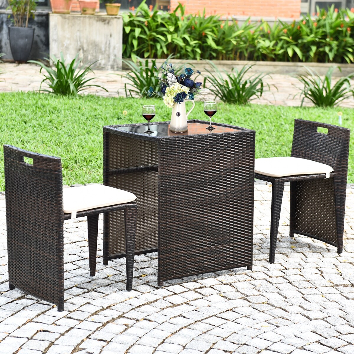 3 pcs wicker patio cushioned outdoor chair and table set