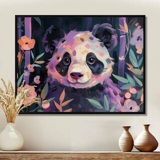 Designart "White Purple Panda Jungle Blooms I" Panda Animal Framed Wall ...