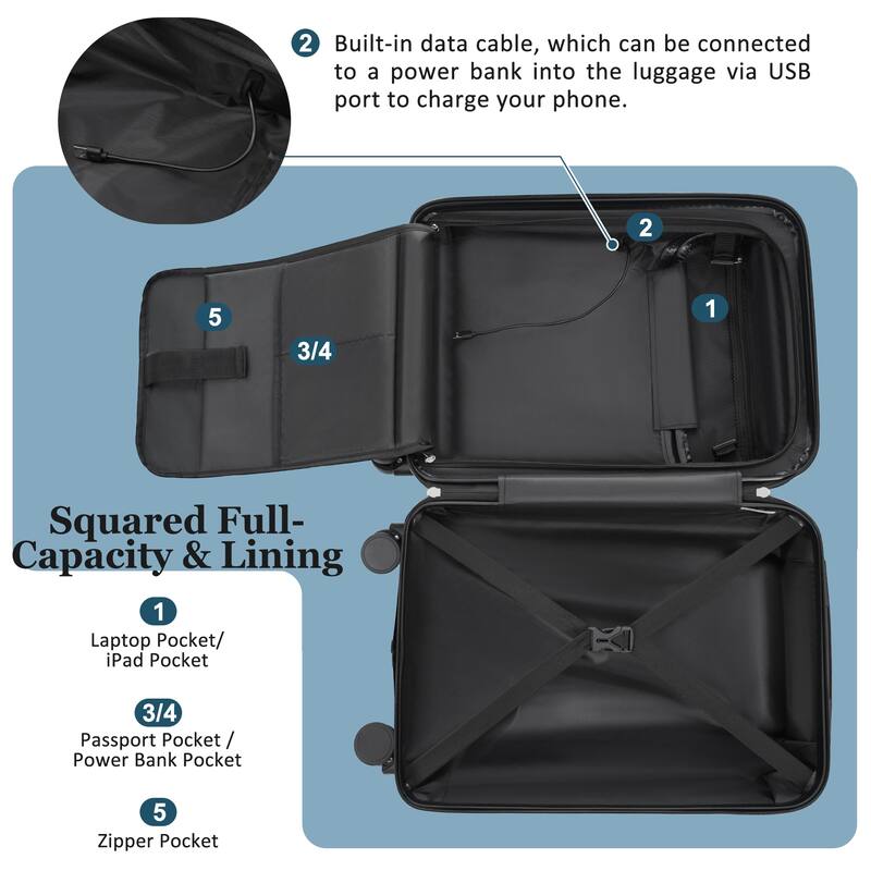 Luggage Sets 5 Piece with Half-opening, Hardside Carry On Suitcase Set with Double Spinner Wheel, with USB Port,TSA Locks