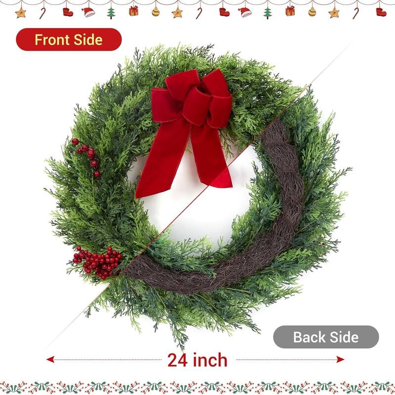 24 Inch Christmas Door Wreath, Xmas Greenery Wreaths with Berries - N/A