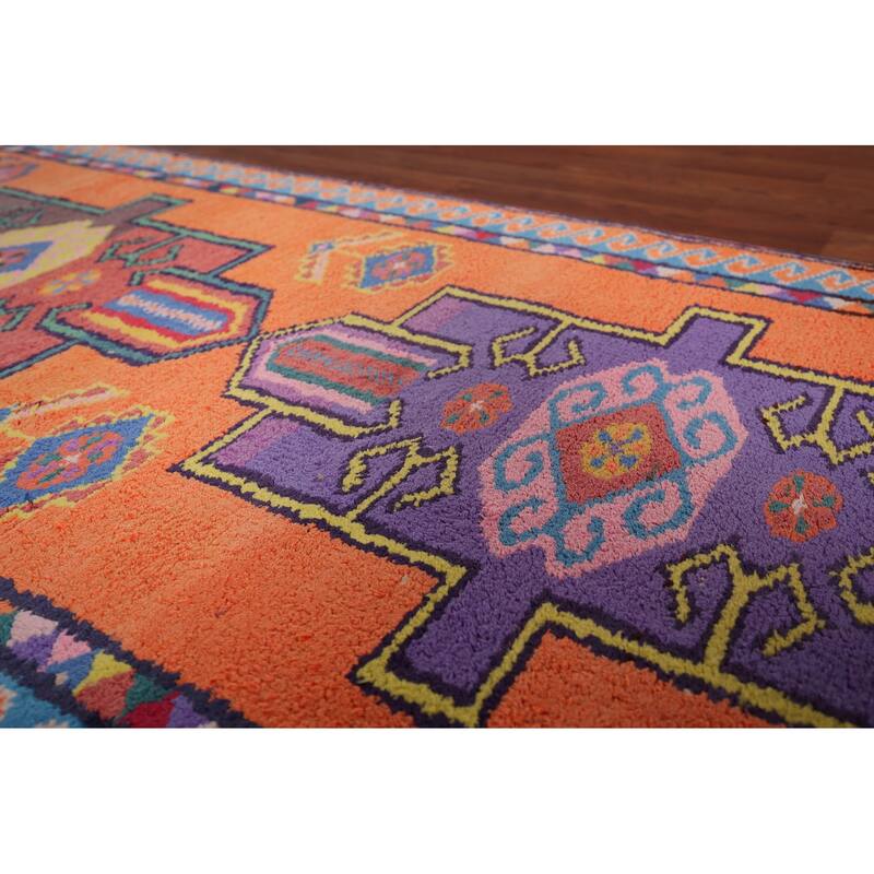 Orange Geometric Anatolian Oriental Runner Rug Handmade Silk Carpet - 3'0"x 12'4"