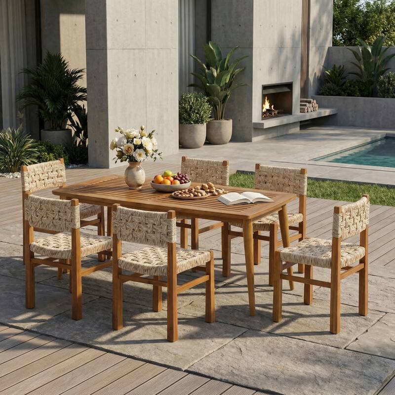 Christopher Knight Home - Mireo 7-Piece Outdoor Acacia Wood Dining Set with Woven Wicker Chairs & 71" Rectangular Slat Table - Light Grey+Teak Finish