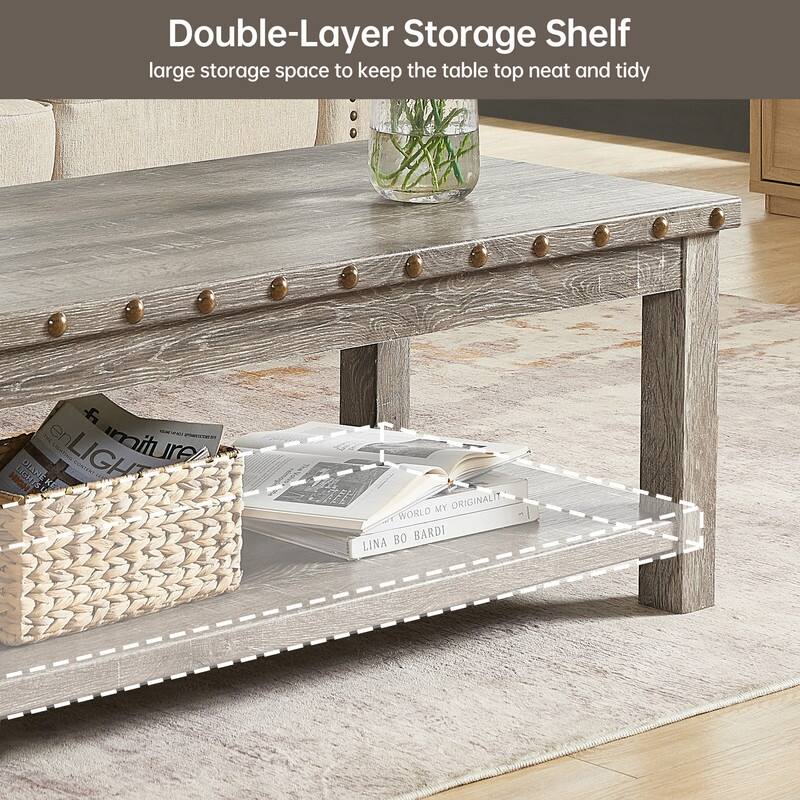 47" Rustic Distressed 2-Tier Coffee Table with Rivet Design