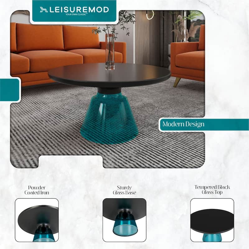 30-Inch Round Coffee Table Glass/Stone Tabletop with Black Iron Rim Frame Glass Pedestal Base