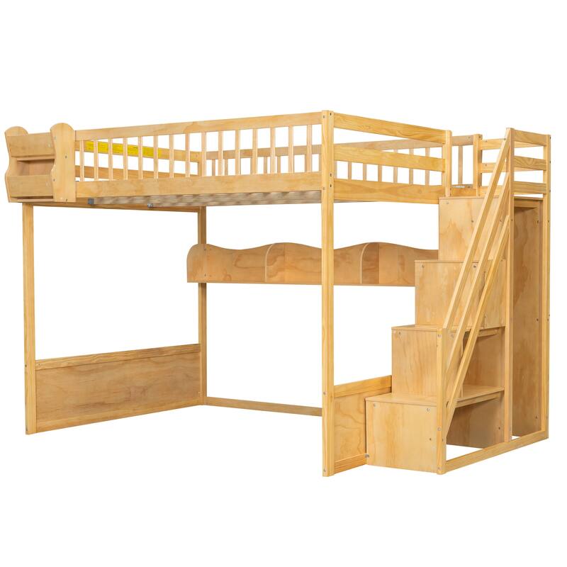 Roomfitters Queen Size Loft Bed with Wardrobe, Storage Staircase and Shelves