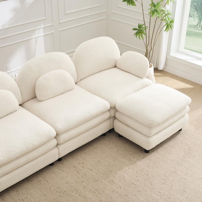 98.2" Teddy Fabric Sectional Sofa with Curved Pillows and Ottoman