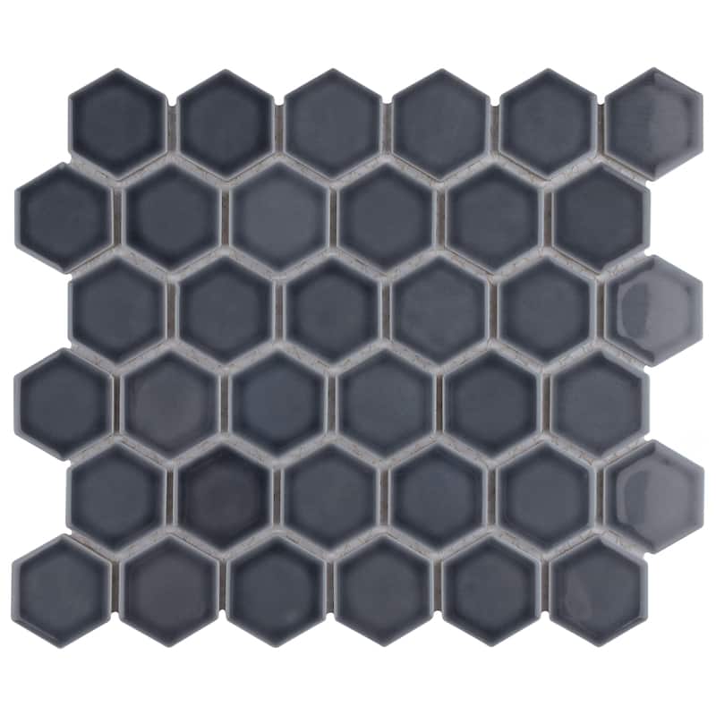 Merola Tile Hudson Due 2" Hex Imperial Grey 10-7/8" x 12-5/8" Porcelain Mosaic Floor and Wall Tile - Grey - Case (10 Tiles)