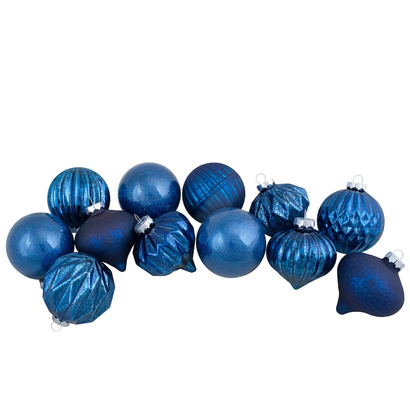 Finial and Glass Ball Christmas Ornaments - 3.25" - Royal Blue - Set of 12