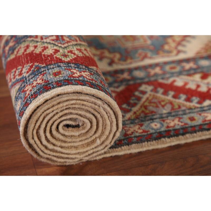 Geometric Kazak Runner Rug Handmade Beige Oriental Wool Carpet - 2'7" x 15'5"