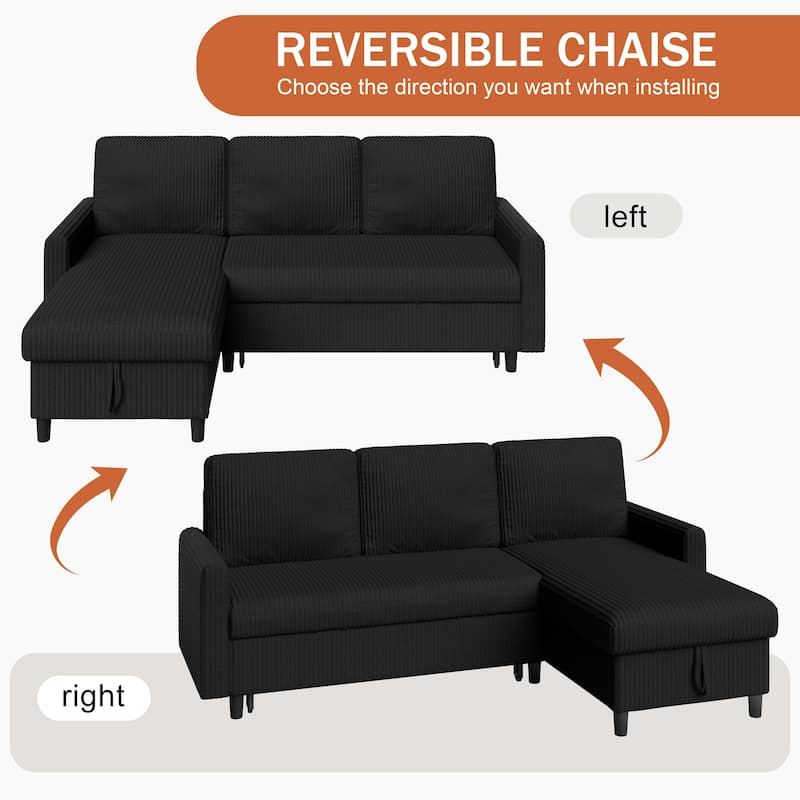 Futzca 3-in-1 Convertible Corduroy Sofa Bed with Storage, L-Shaped Sectional Couch