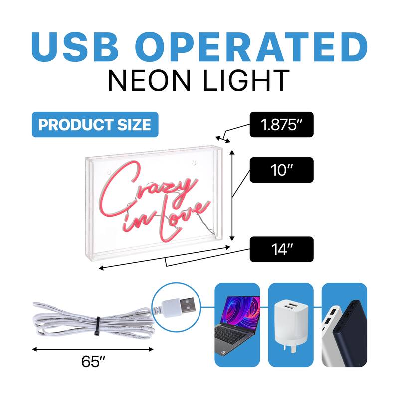 Crazy In Love 14" X 10" Contemporary Glam Acrylic Box USB Operated LED Neon Light, Red by JONATHAN Y - 14" X 10"