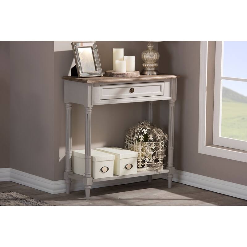 Edouard French Provincial Style White Wash Distressed Wood and Grey Two-tone 1-drawer Console Table - 31.2"H x 31.2"W x 11.7"L - Grey/Light Brown