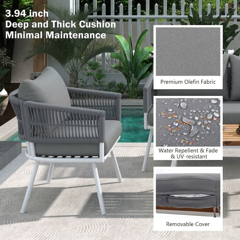4-piece Patio Furniture Dining Set with Acacia Wood Table and Thick Cushion