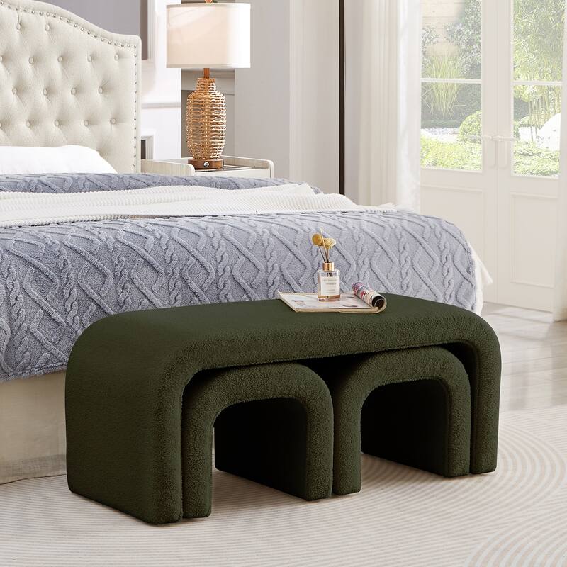 3-Piece End of Bed Bench Set with 2 Small Benches, Teddy Ottoman Bench Sofa Footrest for Entryway, Living Room