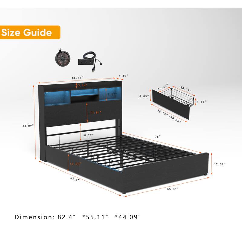 Bed Frame with 4 Storage Drawers, LED Headboard Shelf, Charging Station, No Noise Metal Platform Bed No Box Spring Needed