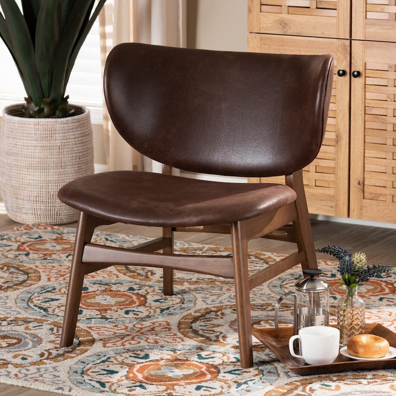 Marcos Mid-Century Modern Dark Brown Faux Leather Effect and Walnut Brown Finished Wood Living Room Accent Chair - Dark Brown/Walnut