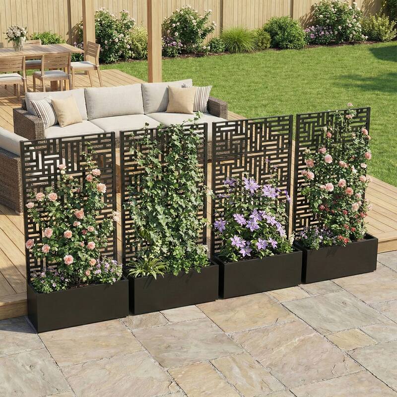 Metal Planter Box with Trellis Privacy Screen Planter Box with Lockable Wheels Set of 2