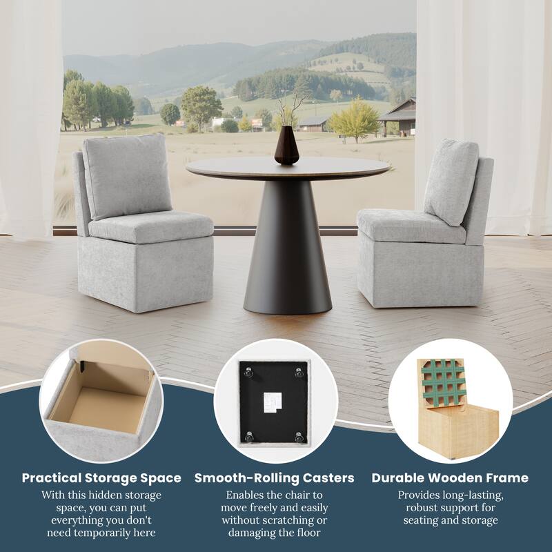 Stansberry Chenille Upholstered Dining Chair with Under Seat Storage and Caster Wheels