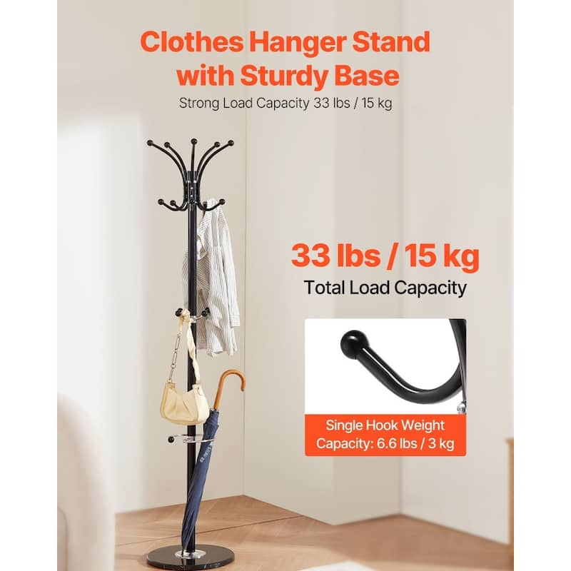 Black 14 Hooks Freestanding Coat Rack with Thick Carbon Steel Rod and Stable Marble Base - 14.57” x 14.57” x 69.29”