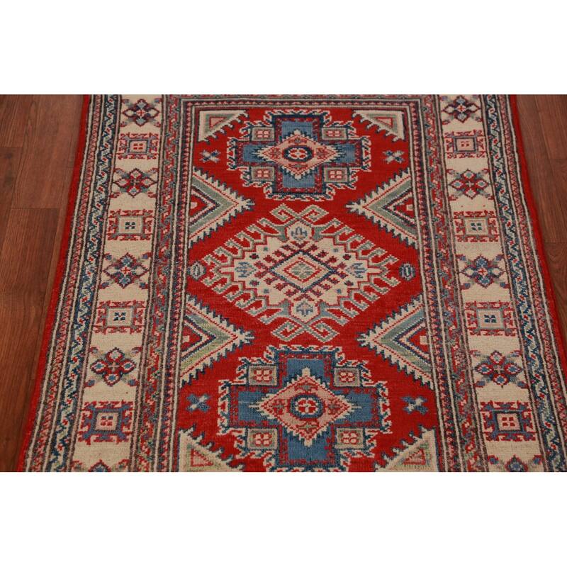 Geometric Kazak Foyer Rug Hand-Knotted Red Wool Carpet - 2'8"x 3'10"