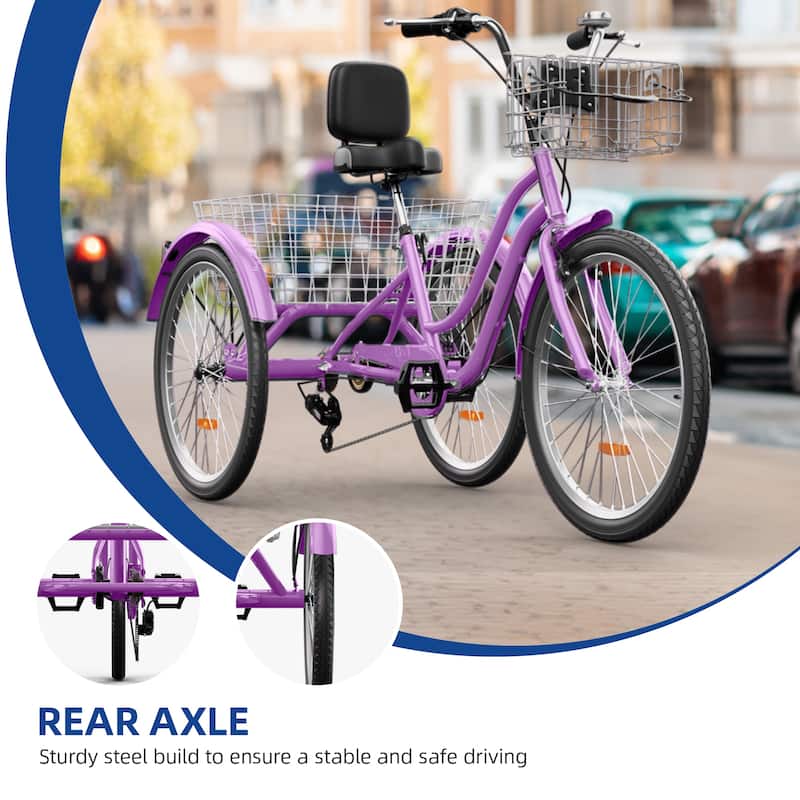 Moasis 24" Adult Tricycle 3-Wheel Bikes 1 Speed Trike Low Step-Through Cruiser Bike