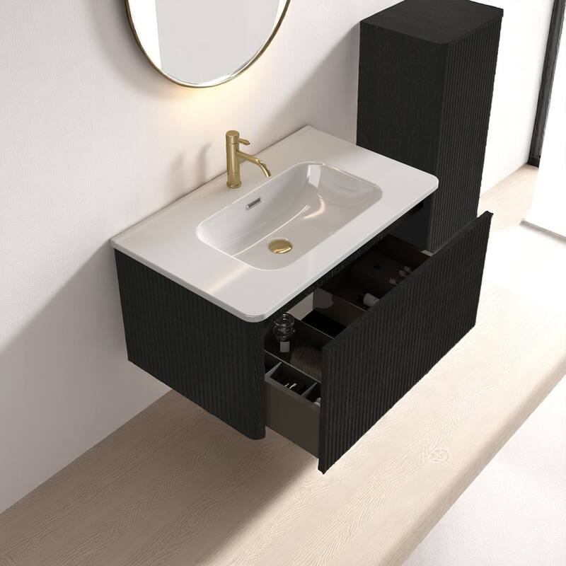 36" Floating Bathroom Vanity, Integrated Ceramic Sink, Push-Open Drawer & U-Shape Wall Fitting,Wall-Mounted MDF Vanity Cabinet