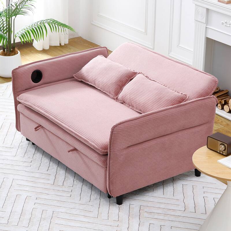 65.74-inch Pink Letter Striped Corduroy Multifunctional Sofa Bed with Adjustable Armrests and Backrests