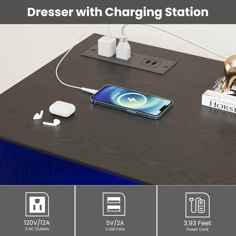 6 Drawer Dresser with LED Lights & Charging Station, Modern Chest of Drawers with Open Shelf