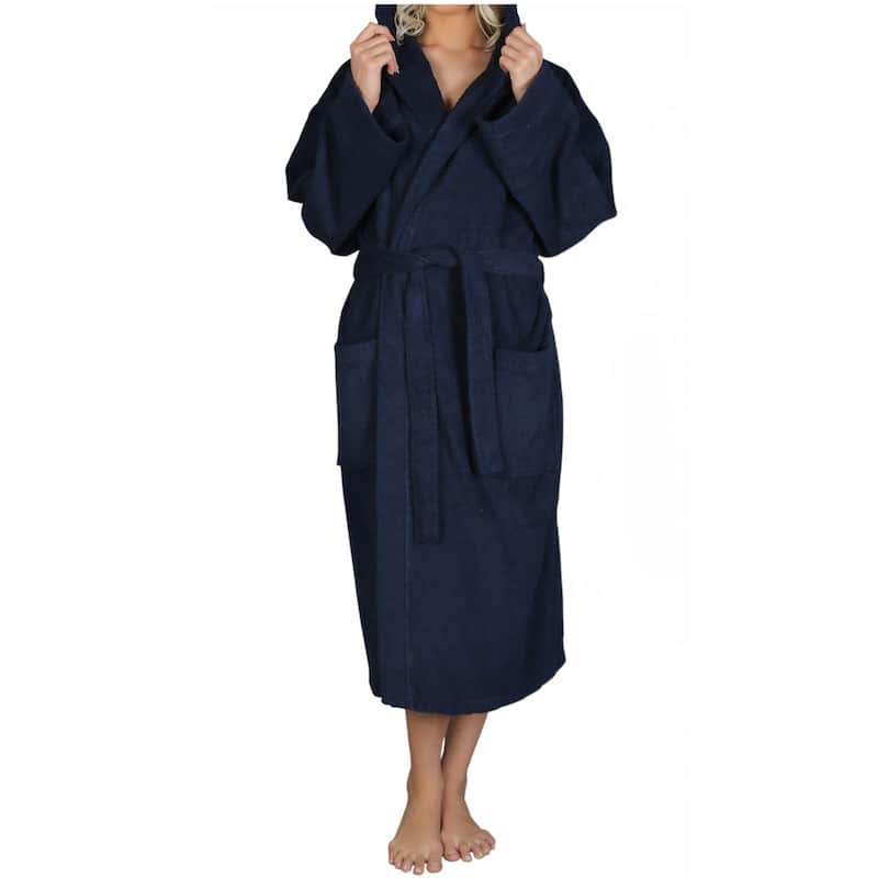 Women's Turkish Cotton Hooded Bathrobe - Navy - XS