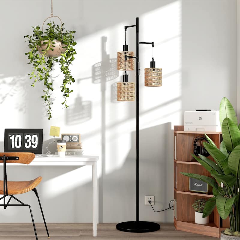 3 Light Standing Lamp Rattan Boho Tree Floor Lamps