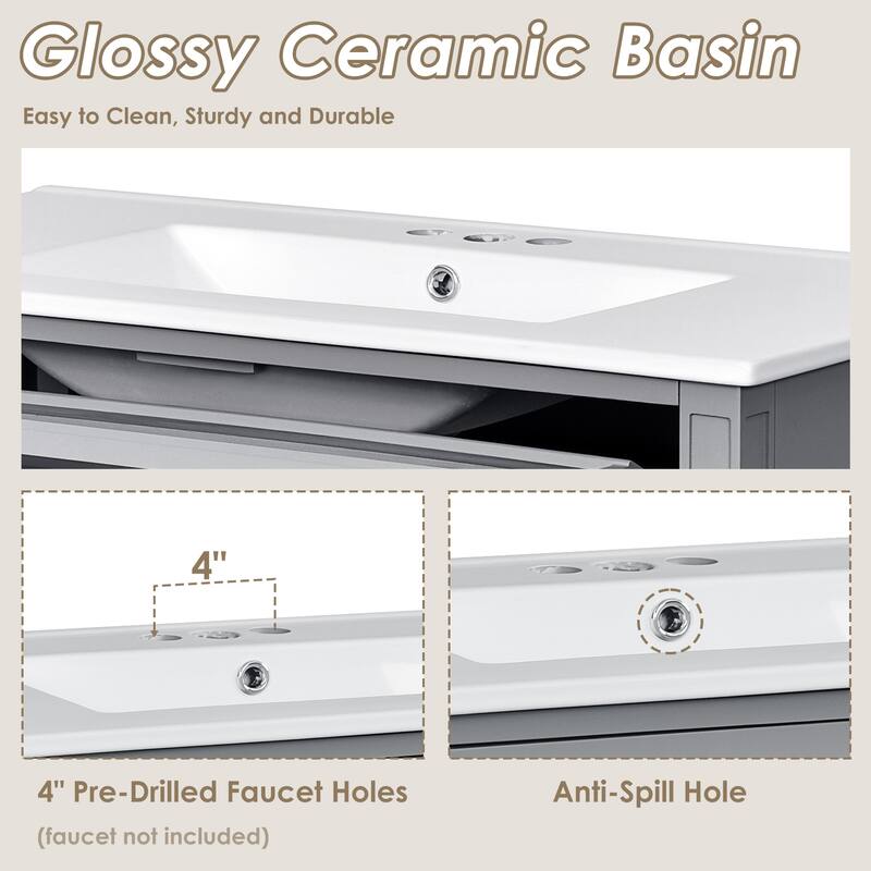 36 Inch Bathroom Vanity with Sink Top, Freestanding Storage Cabinet with 3 Drawers and Single Door, Modern Style