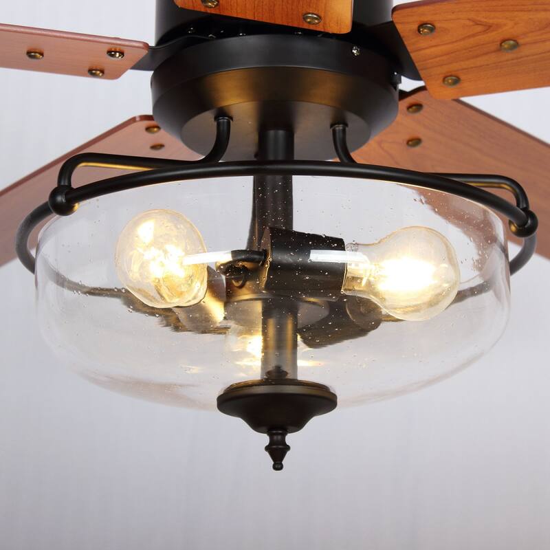 52-in Farmhouse Brown Glass Shade 5-Blade Reversible Ceiling Fan with Light Kit and Remote - 52 Inches