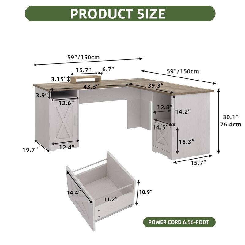 Moasis 59" L Shaped Office Desk with File Cabinet, Corner Computer Desk with Monitor Stand for Home Ofiice