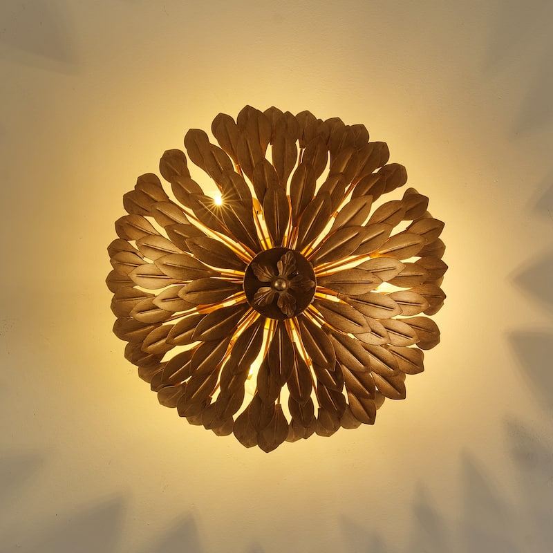 Antique Gold Olive Leaf 3-Light Semi Flush Mount Ceiling Light - 16" W x 10.1" H