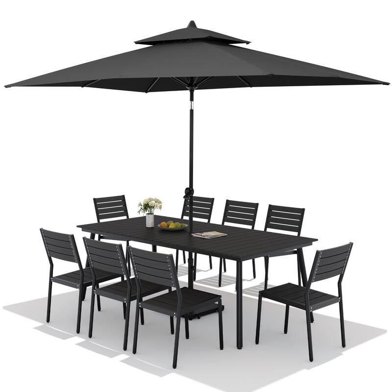 11PC Outdoor Patio Dining Set Wood-Like Aluminum Table with Stackable Chairs,Double Top Market Umbrella and Wheel Base