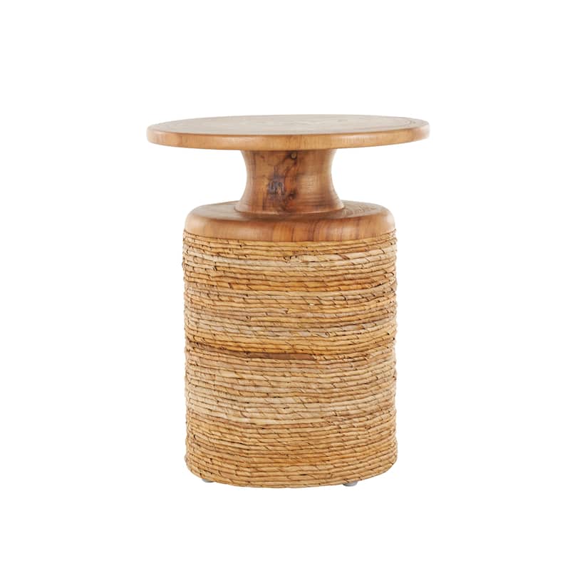 Banana Leaf Handmade Woven Accent Table with Wooden Tabletop - Brown - Roche River Decor - 16"W x 16"L x 20"H