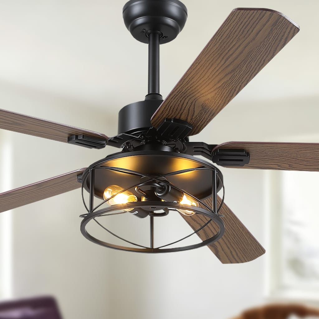 56 Inch Ceiling Fan with Caged Light and Plywood Blades for Farmhouse Living Room Bedroom