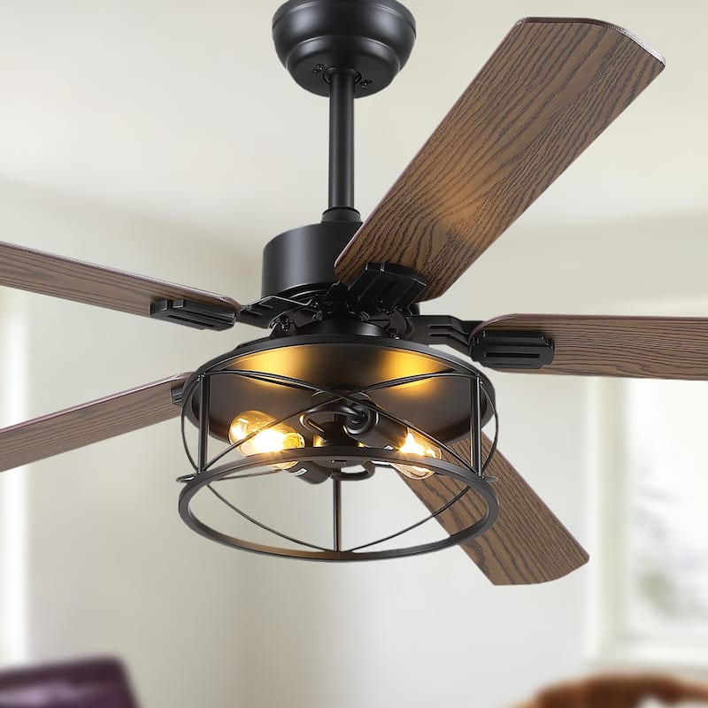 56 Inch Ceiling Fan with Caged Light and Plywood Blades for Farmhouse Living Room Bedroom