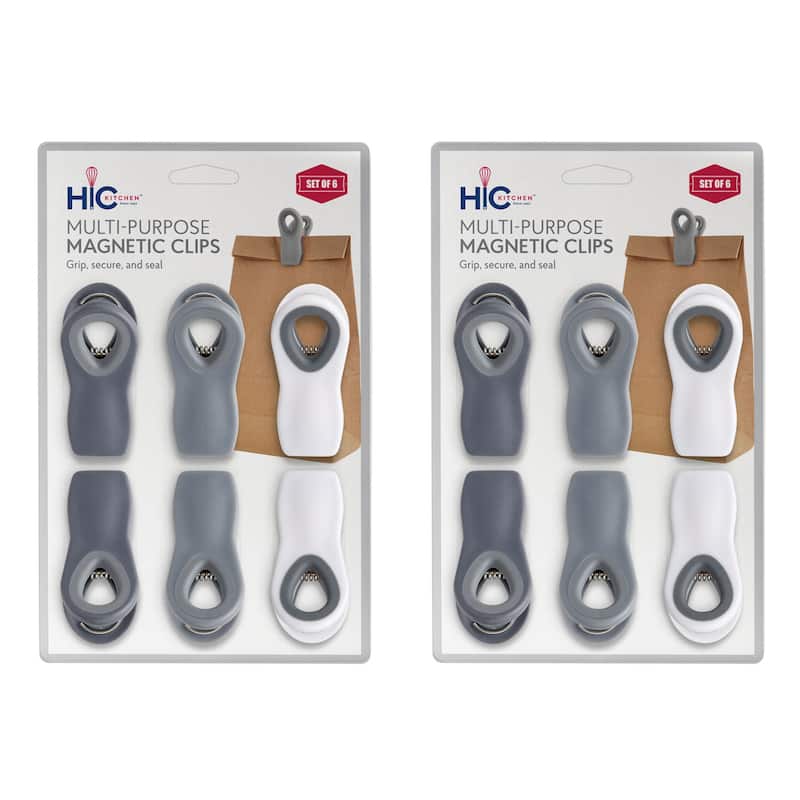 HIC Kitchen Multi-Purpose Magnetic Clips, 2 Sets of 6 Clips, White, Grey, and Charcoal