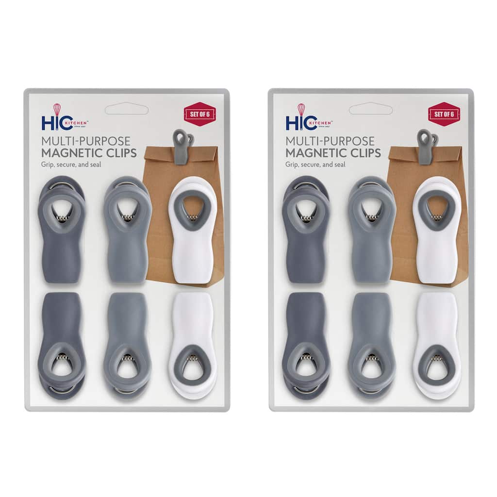 HIC Kitchen Multi-Purpose Magnetic Clips, 2 Sets of 6 Clips, White, Grey, and Charcoal