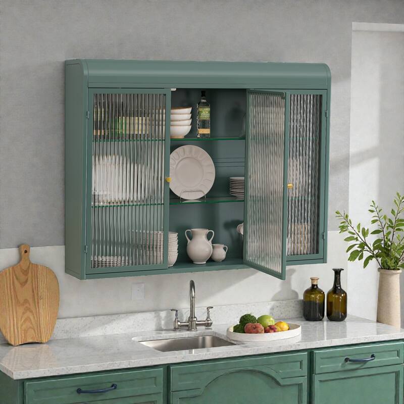 Arched 3-Door Wall Mounted Glass Cabinet for Kitchen, Bathroom and Living Room Storage Display