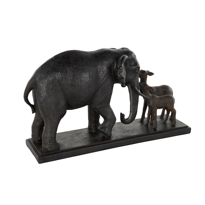 Black Resin Walking Elephant Decorative Sculpture with Dark Brown Deer - 6"W x 20"L x 11"H