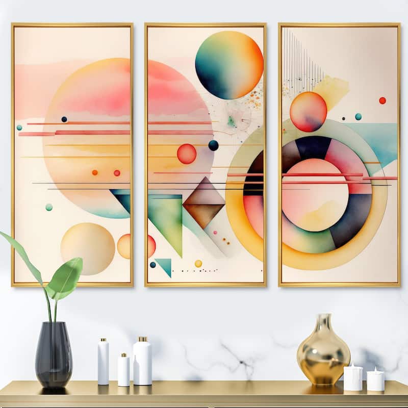 Designart "Pastel Minimalist Multi Shape Art III" Modern Geometric Framed Canvas Art Print - 3 Panels - 48 in. wide x 32 in. high - 3 Panels - Gold