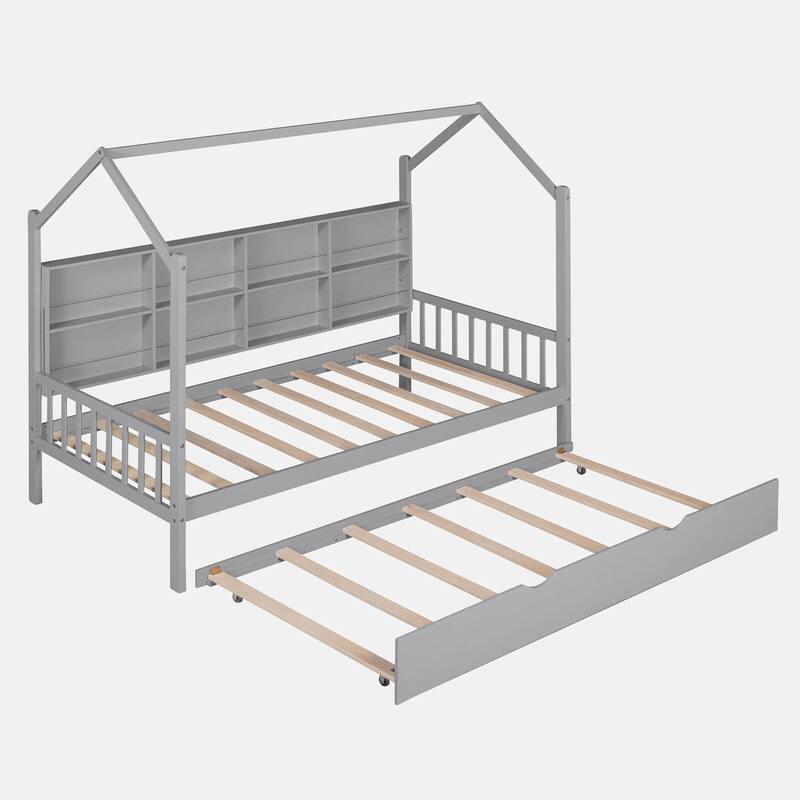 Wooden Twin Size House Bed with Trundle,Kids Bed with Shelf