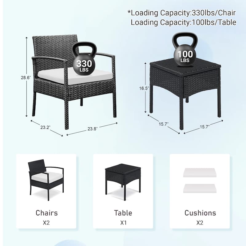 Outdoor Furniture 3 Piece Patio Bistro Furniture Set, Rattan Conversation Chairs Set with Side Table and Cushions