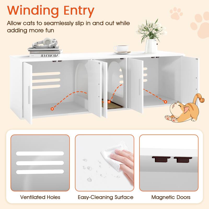 White Engineered Wood Cat Litter Box Cabinet with Double Rooms and Scratcher