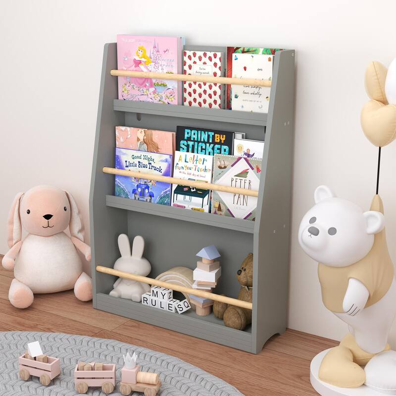 Anmytek 3-Tier Kids Wall Bookshelf with Slanted Front & Guardrails, Pastel Finish Wooden Display for Bedroom