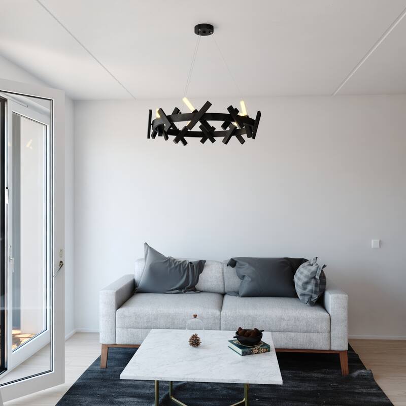 Wells 5 Light Matte Black Contemporary Wheel Chandelier - 28-in W x 6.5-in H x 28-in D